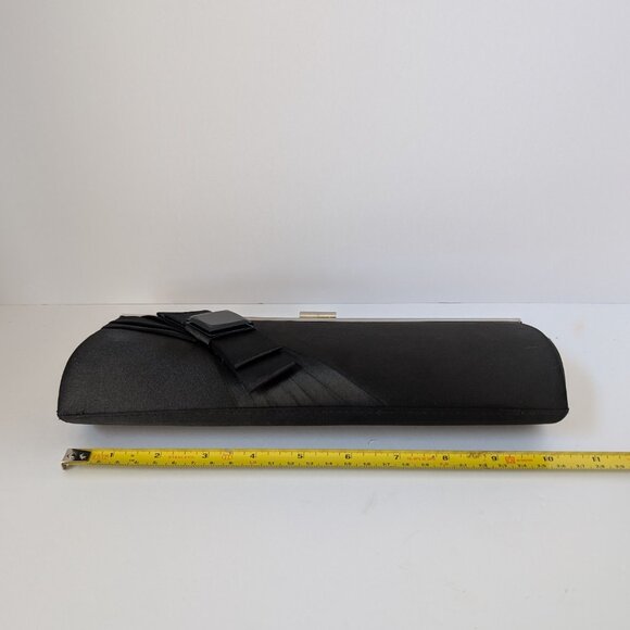 Lulu Townsend black satine clutch with silver trim and bow accent. - Picture 3 of 6